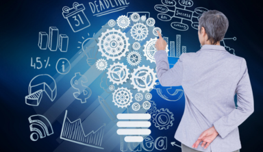 Person in suit pointing at a lightbulb made of gears with business intelligence icons and diagrams.